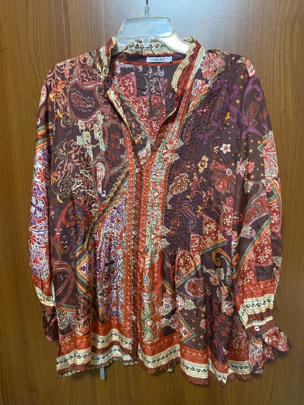 Johnny Was Women’s Brown and Red Paisley Button-Down Silk Tunic Shirt Medium